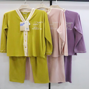 24秋冬小熊爱家懒人装 家居服7112 羊绒睡衣猫爪绒蕾丝花边V领开衫