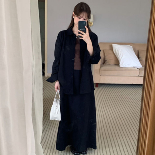 春季韩国CHIC加厚款简约通勤百搭纯色纽扣宽松衬衫半身裙时尚套装