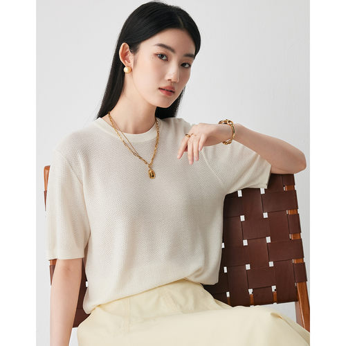 PALUOPO/帕罗养肤亲肤高级感提花透气圆领短袖T恤女ES2F0880Z