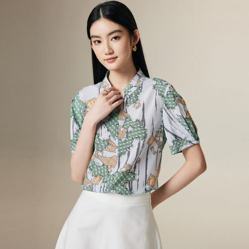 PALUOPO/帕罗小立领撞色印花衬衫上衣桑蚕丝T恤女ES2F0259Z