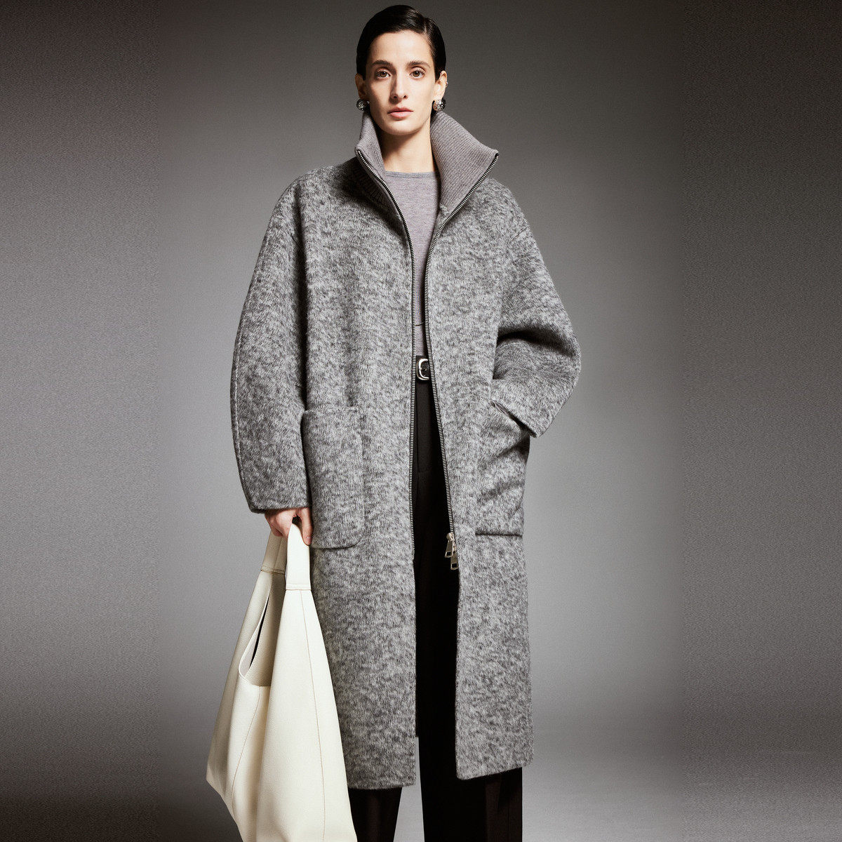 PALUOPO/帕罗秋冬时尚双拉链宽松厚款长款羊毛大衣ET2F2566D