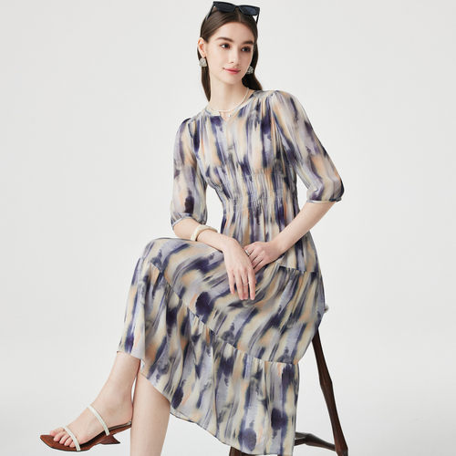 PALUOPO/帕罗桑蚕丝小V领减龄晕染印花真丝连衣裙女ES250839Z