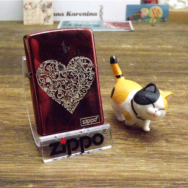 二手zippo17年镀银红蚀刻日版爱心正品原装打火机进口美国防风