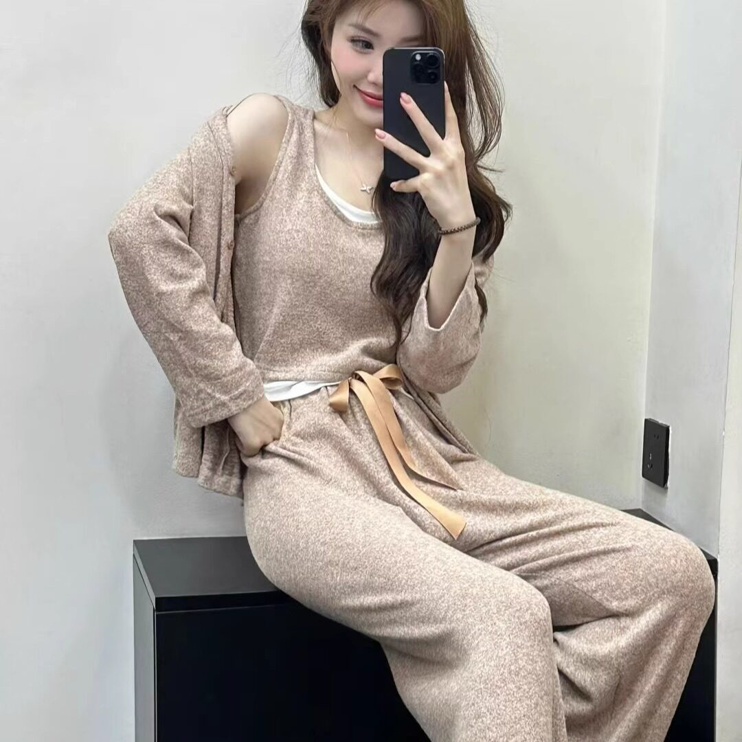 2025秋冬款三件套睡衣带胸垫女高级感套装可外穿亲舒服长袖家居服