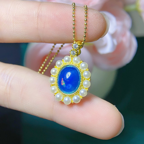 炫彩蓝欧泊吊坠，绝美显白主石8*10mm，S925银精工镶嵌