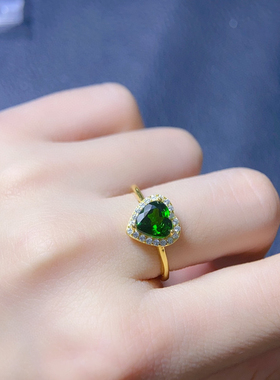 天然透辉石戒指活圈爱心7mm宝石银托空托s925银电镀白金色主