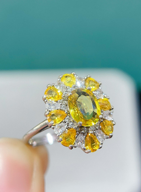 天然黄蓝宝戒指 晶体全净火彩爆闪S925银精工镶嵌，3*4mm 6*8mm