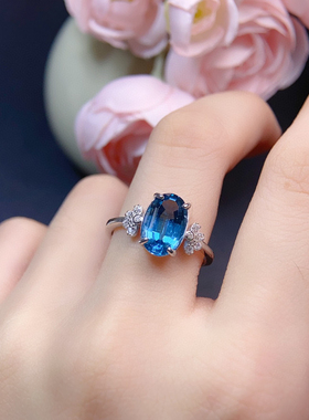 天然蓝托帕石戒指女款宝石指环925银镀白金戒托流行饰品