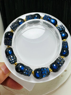 天然黑体全蓝光拉长石皮丘手链颗颗蓝光超强规格17*9.7mm重23.8克