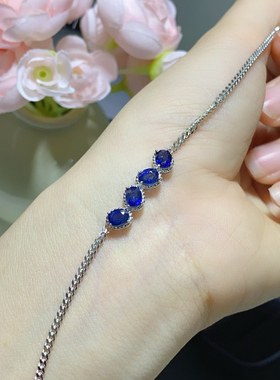 特惠天然蓝宝石手链 高净度满火彩4*5mm 925银镀白金色蓝宝手链