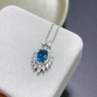 银镀金吊坠空托椭圆形6*8mm时尚百搭镶嵌天然伦敦蓝托帕石