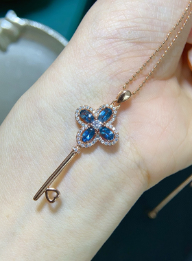 s925纯银镶嵌天然伦敦蓝托帕石吊坠主石3*5mm钥匙款吊坠项链