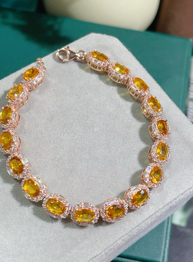 天然黄蓝宝手链颜色超好晶体全净S925银精工镶嵌主石4*6mm