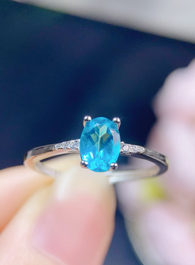 帕拉伊巴色托帕石戒指主石5*6mm全净体品质火彩超赞925银精工镶嵌