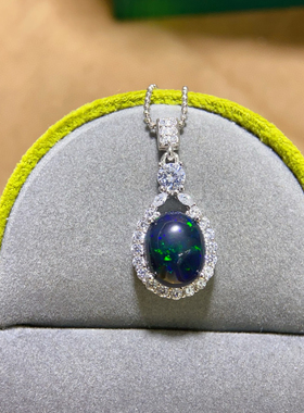 满火彩纯天然超美刻面黑欧泊吊坠大颗粒 主石9*11mm炫彩七彩欧泊