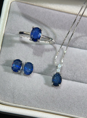 矿区直销925银镀金天然斯里兰卡蓝宝石套装5*7蓝宝石戒指吊坠耳钉