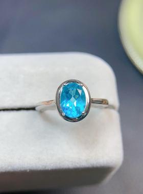 天然帕拉伊巴色托帕石戒指晶体全净S925银镶嵌精致个性百搭小众