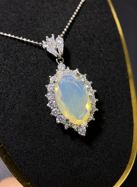 银镶天然欧泊吊坠 大尺寸10*16mm 炫美火彩戴妃款欧泊吊坠