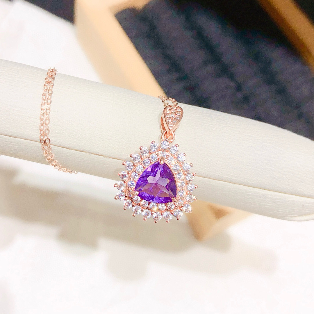 珠宝正品天然紫水晶吊坠银镀18K金镶嵌钻石彩宝颈饰经典项链