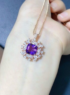 纯银镶嵌天然紫水晶吊坠S925纯银女枕形方形8MM镶嵌宝石