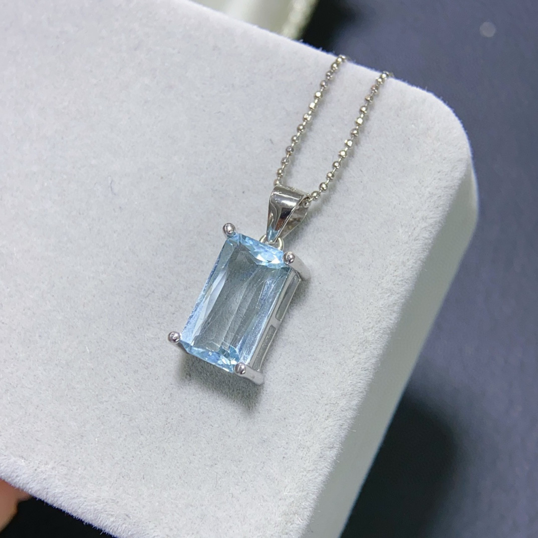 s925银吊坠天然海蓝宝长方形4*6mm精工时尚简约百搭镶嵌