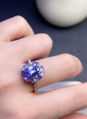 天然坦桑石戒指妖艳紫 全净体925银精工镶嵌！主石3*4、6*8mm