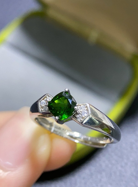 天然透辉石戒指女S925银时尚个性简约绿宝石开口指环韩版生日礼物