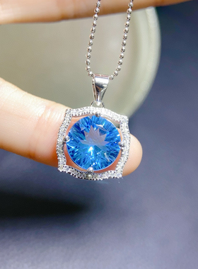 纯天然瑞士蓝蓝托帕石吊坠全净体品质10*10mm925银精工镶嵌