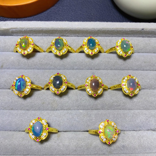 天然黑欧泊戒指女士开口可调节时尚大气款式主石6x8mm厂家直销