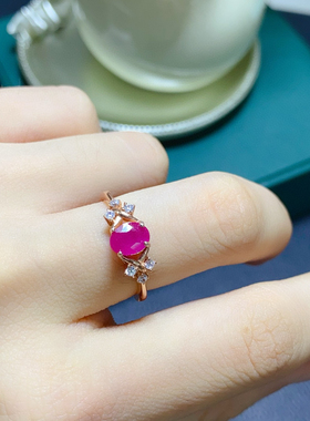 天然红宝石戒指晶体通透，戒面5*6mm，925银精工镶嵌，