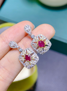 新款S925纯银镶嵌天然红宝石耳钉耳环椭圆4*5MM镶嵌缅甸红宝石