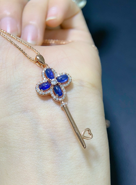 新品520情人节皇冠钥匙项链女天然素面蓝宝石心冠锁骨链七夕礼物