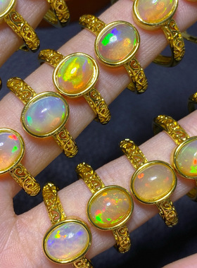 铜托镶天然欧泊戒指女士开口可调节时尚大气款主石7x9mm厂家直销