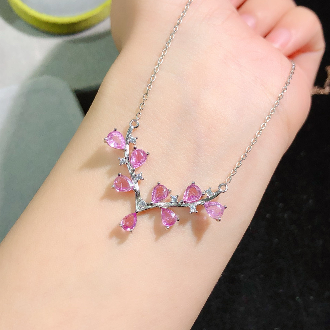 鹿角粉蓝宝石项链锁骨链帕帕拉恰项链天然宝石精切宝石定制