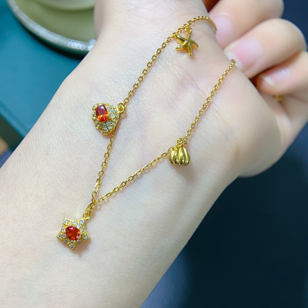 天然红色蓝宝石手链女银镀 18K黄金小清新贝壳红色宝石脚链