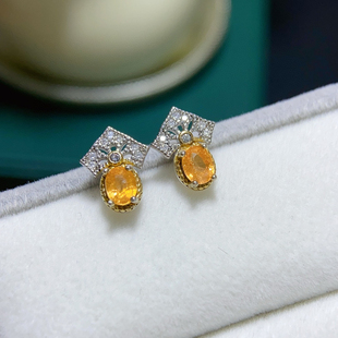 纯天然芬达石榴石耳钉s925银精工镶嵌厚重用银裸石4*5mm