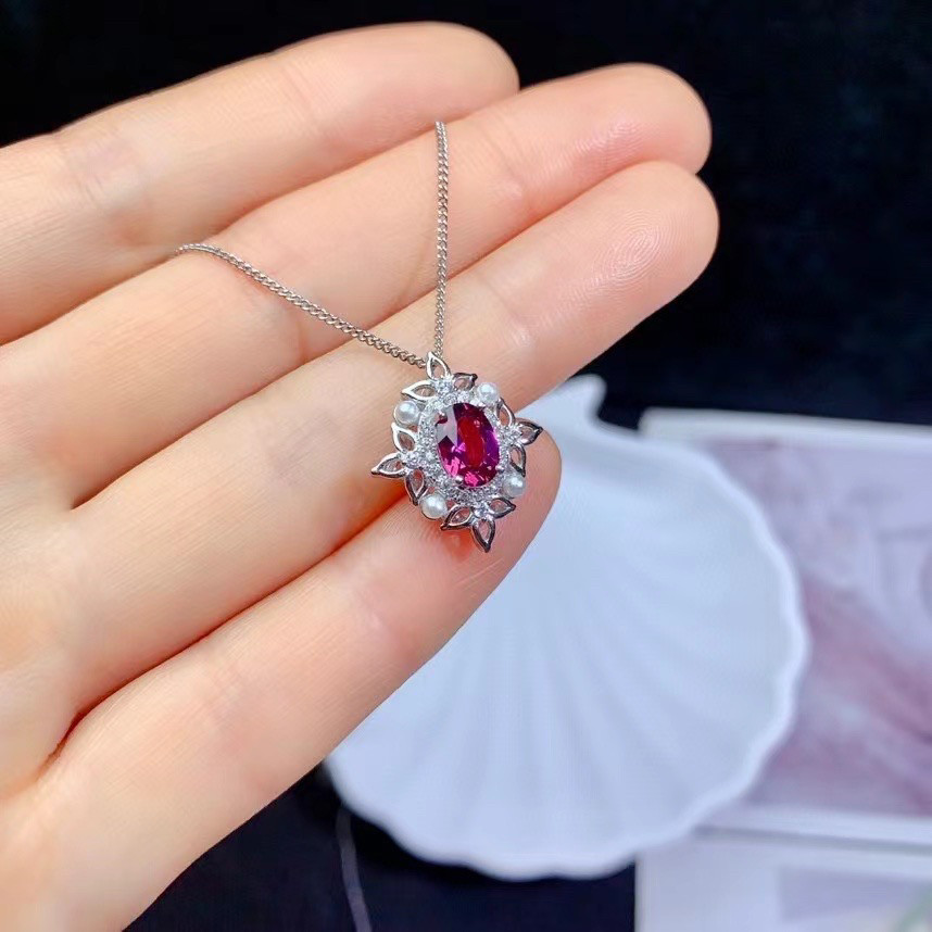 天然石榴石吊坠S925纯银日韩版简约锁骨红宝石项链女生日节日礼物