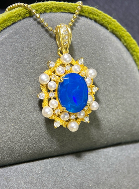 天然银镶天然蓝欧泊支持鉴定项链吊坠尺寸7*9mm主石女小清新