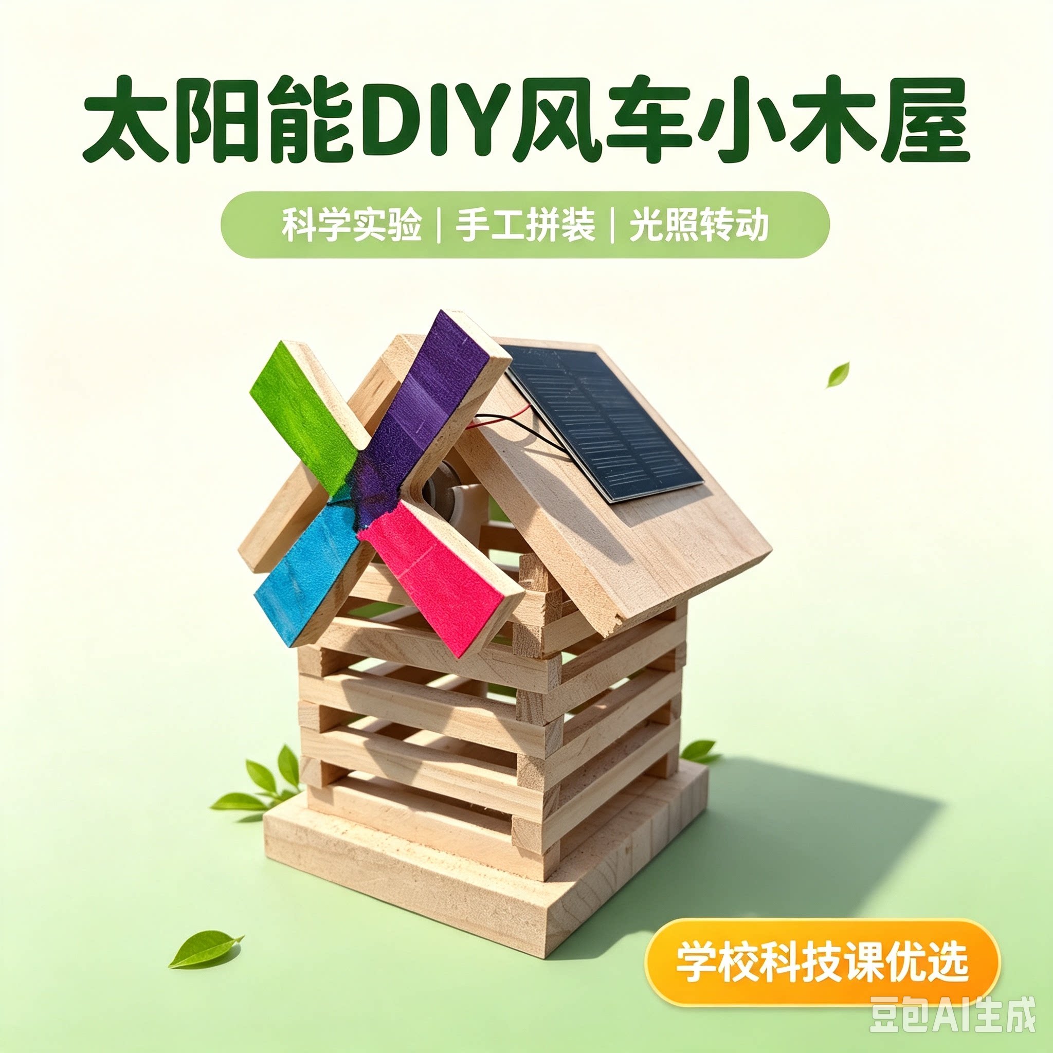 DIY太阳能木屋风车 光伏发电荷兰风车风扇手工拼装积木模型小发明