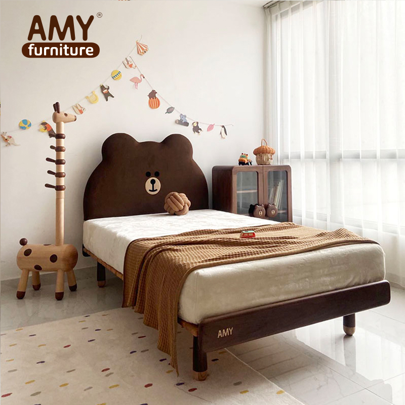 amy榏镁原创木蜡油原木家具微笑熊黑胡桃儿童床软包床头实木床身
