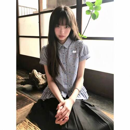 夏季韩系小个子格纹娃娃领衬衫