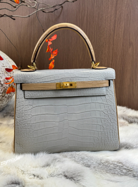 全手缝凯莉包25cm进口美洲鳄女包三张皮手提单肩斜挎包珍珠灰奶茶