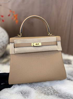 纯手缝凯莉包25cm奶茶色 OM 金扣皮手提包单肩斜挎女包 TOGo小牛