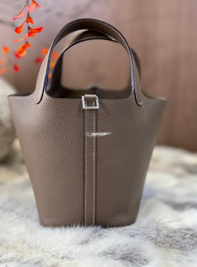 全手工蜡线进口TC牛皮菜篮子18cm银扣手提包CK18 大象灰 拍定金