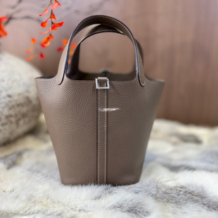 全手工蜡线进口TC牛皮菜篮子18cm银扣手提包CK18 大象灰 拍定金