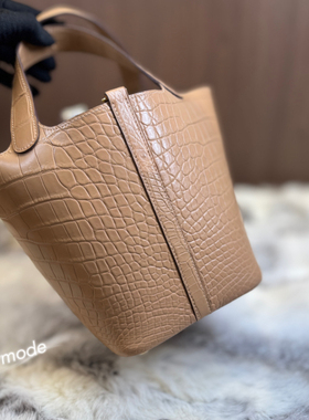 总监手缝 Picotin 菜篮子包 18cm S2 风衣灰 美洲鳄鱼皮 金扣