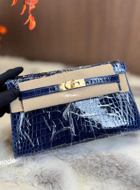 mini凯莉一代22cm 进口美洲鳄鱼皮深海蓝手工钉 纯手缝蜡线