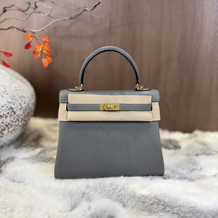 纯手工蜡线缝制进口小牛皮凯莉包25cm手提包女包积雨云灰金扣