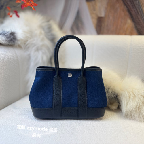 ZZYMODE现货多色H家全手缝mini花园包23cm丹宁牛仔银扣进口帆布