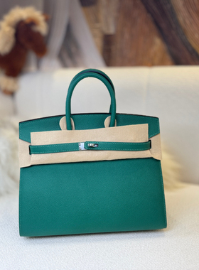 总监手缝 铂金包 25cm 外缝 U4丝绒绿 epsom 牛皮银扣 手提包